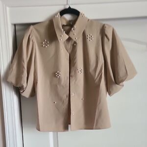 Embellished Short Sleeve Button-Down Shirt in Beige